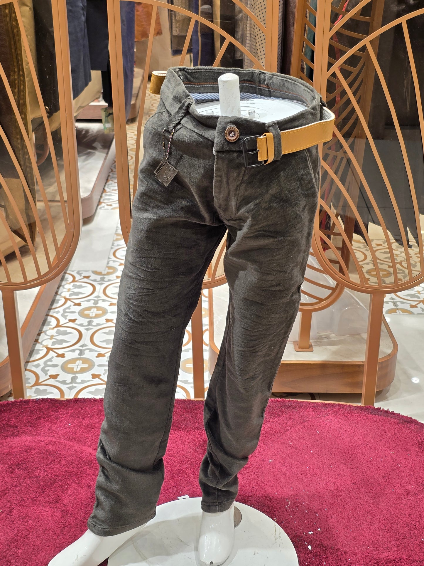Velvet material green color pant for boy with belt