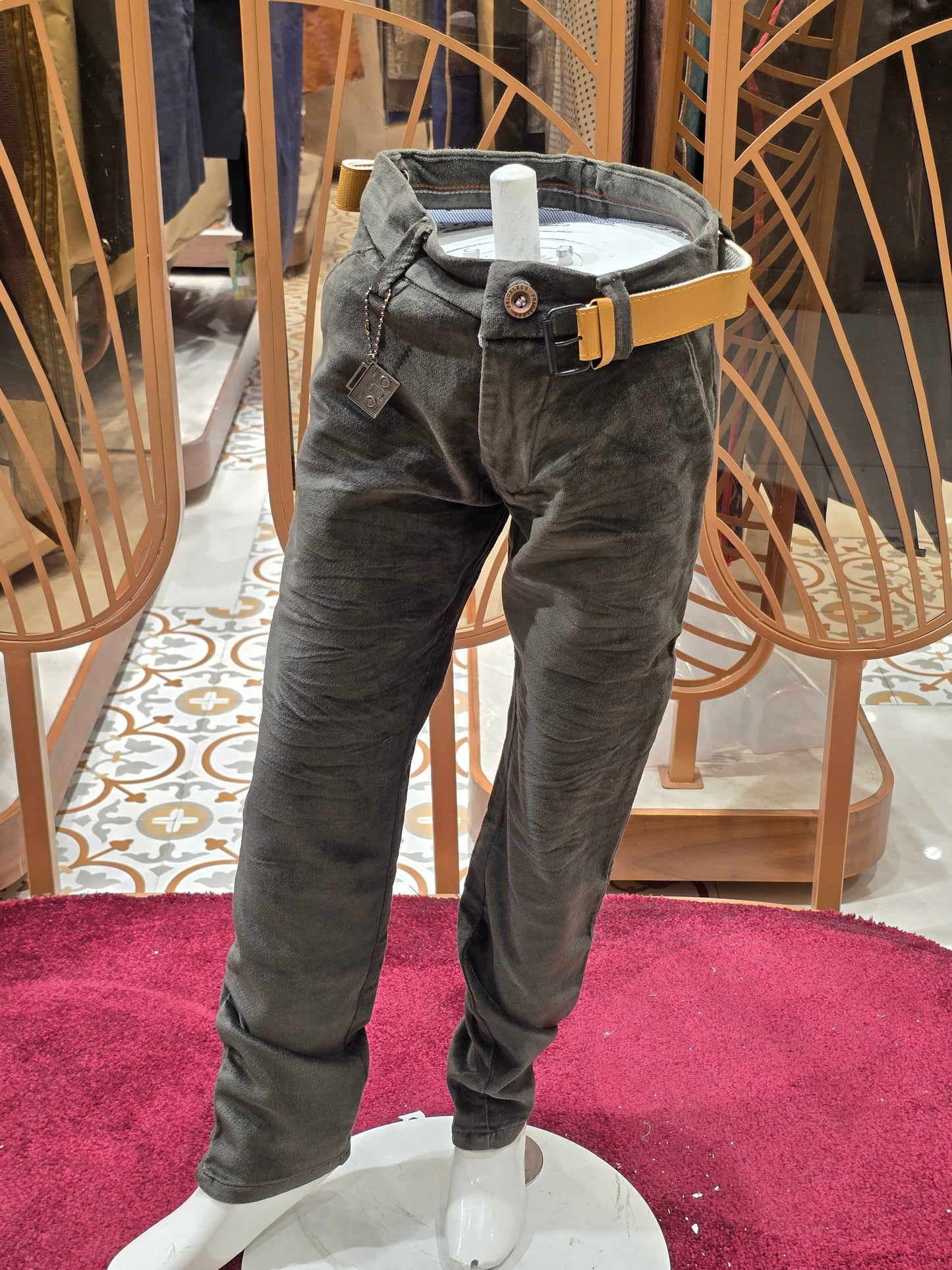 Boys Green Velvet Pant with Belt