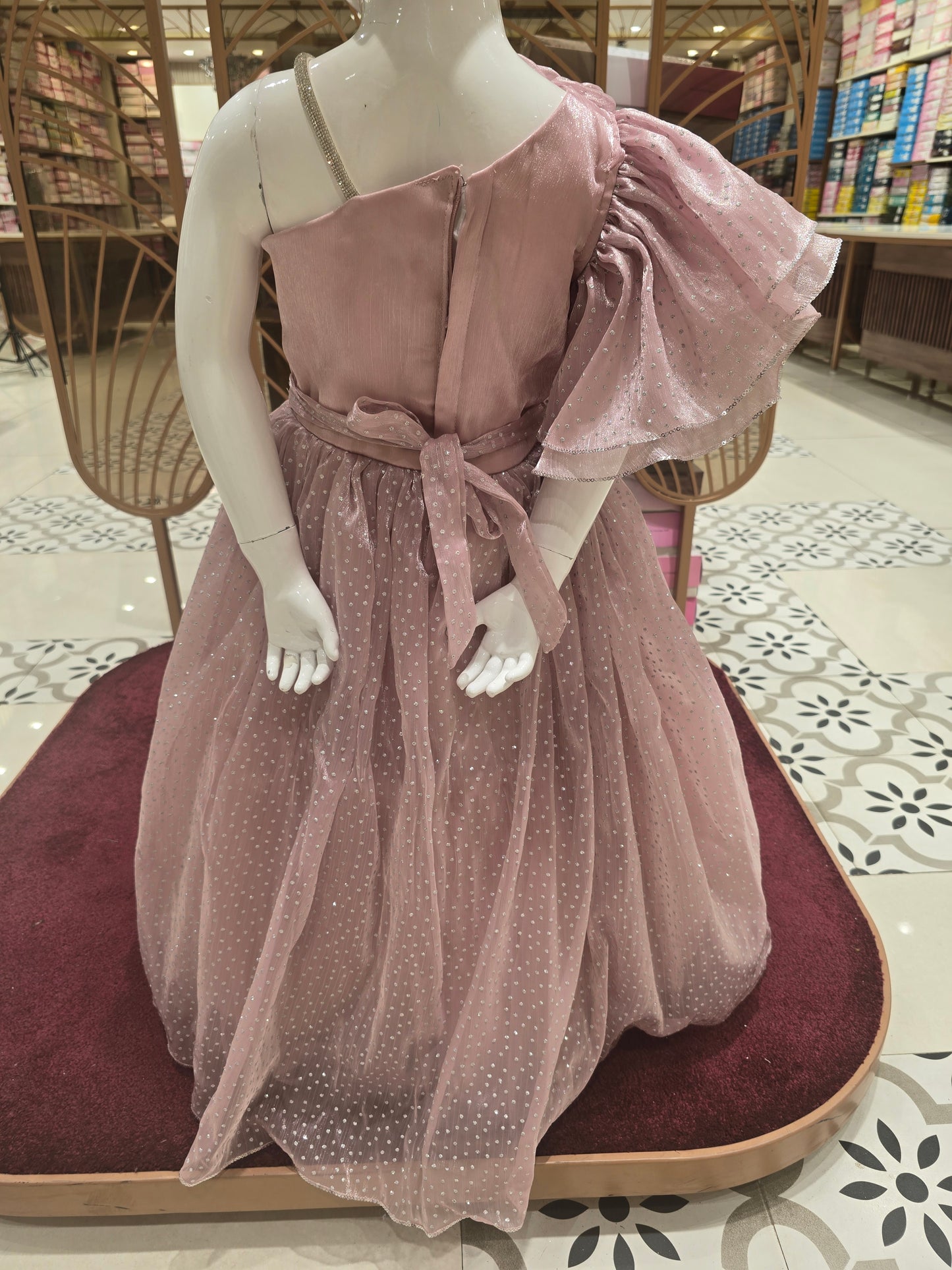 Peach Tissue Fabric Gown with Silver Butta, Asymmetric Bell Sleeve & Spaghetti Strap – Party Wear for Girls (Age 5, Size 24)