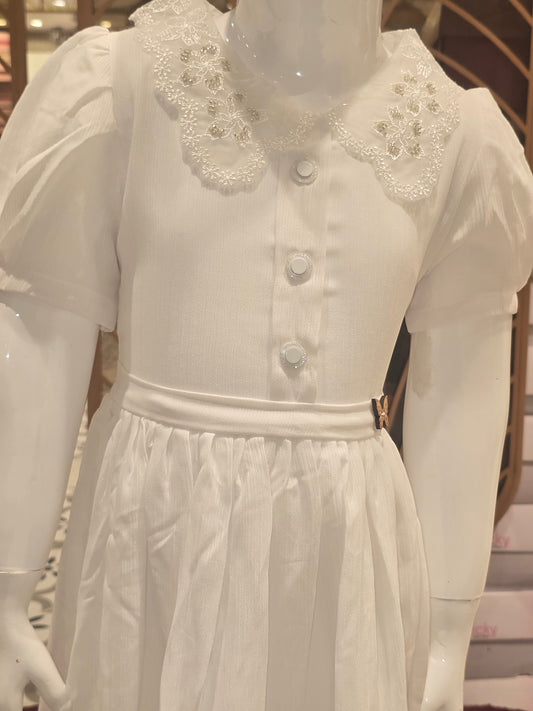 Girls Pure White Chiffon Short Frock with Cutwork Collar and Border