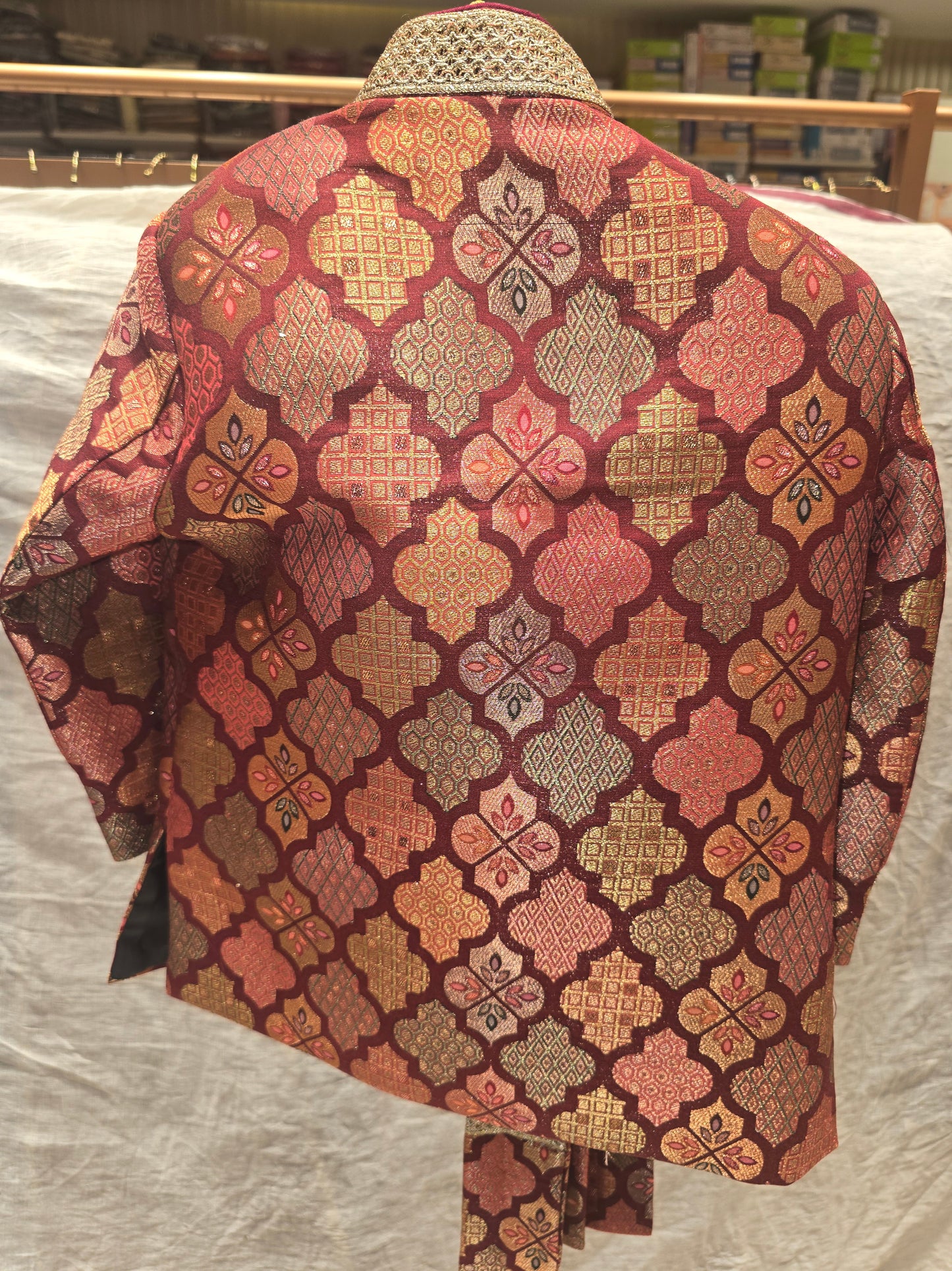 Boys Maroon Dupion Silk Indo-Western Set with Pleated Shawl and Zari Border