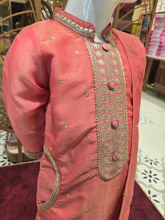 Girls Light Peach Zari Crepe Straight Kurta Set