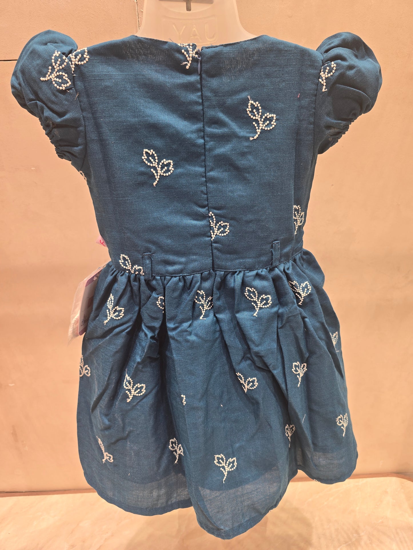 Peacock Blue Linen Cotton Frock with Thread Embroidery & Puff Sleeves
