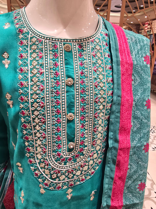 Girls Span Cotton Ethnic Chudidar Set in Peacock Color with Embroidery Work and Printed Dupatta for Festive and Traditional Occasions