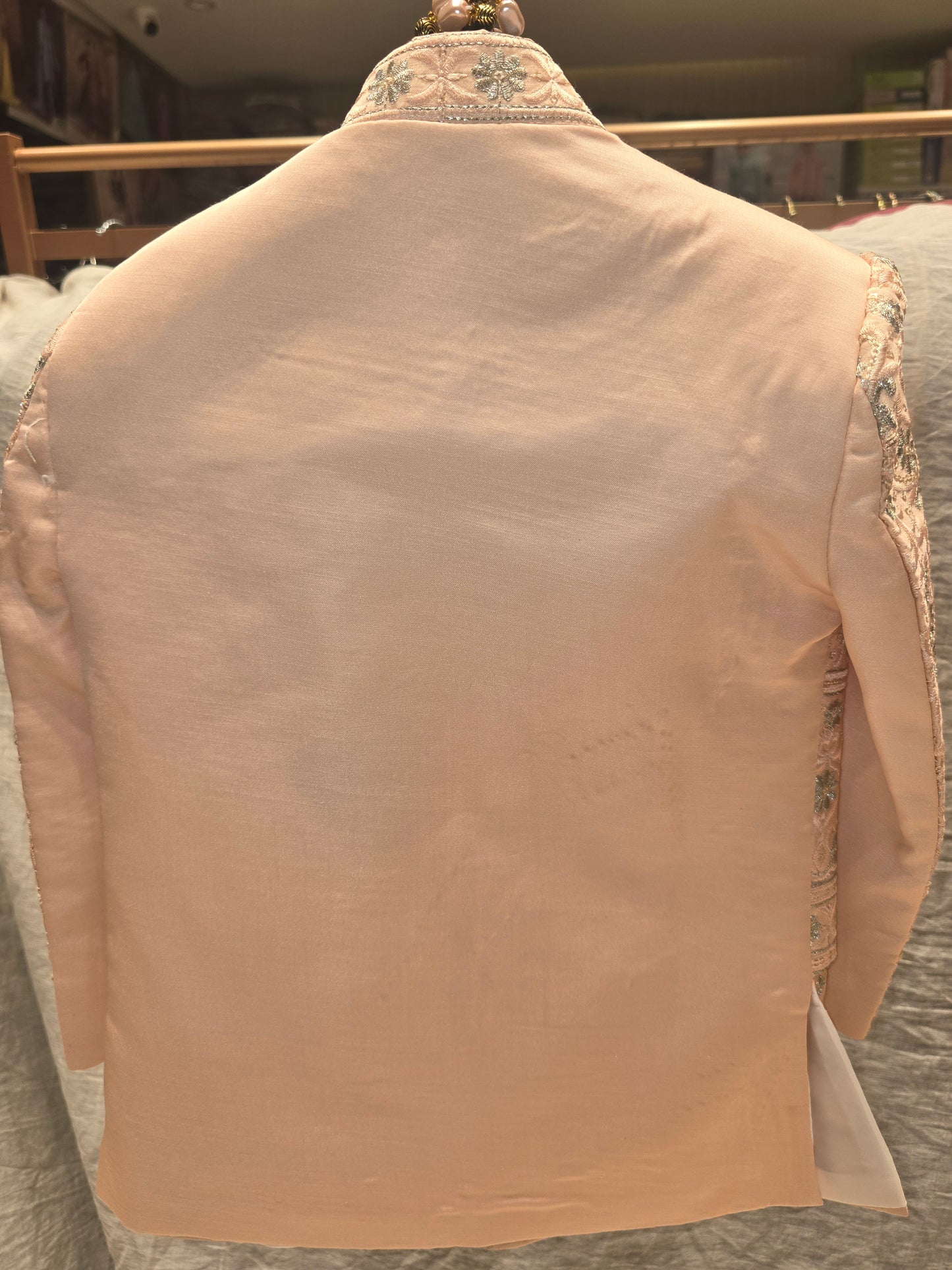 Boys Peach Dupion Silk Indo-Western Set with Silver Thread Work and Micro Sequins