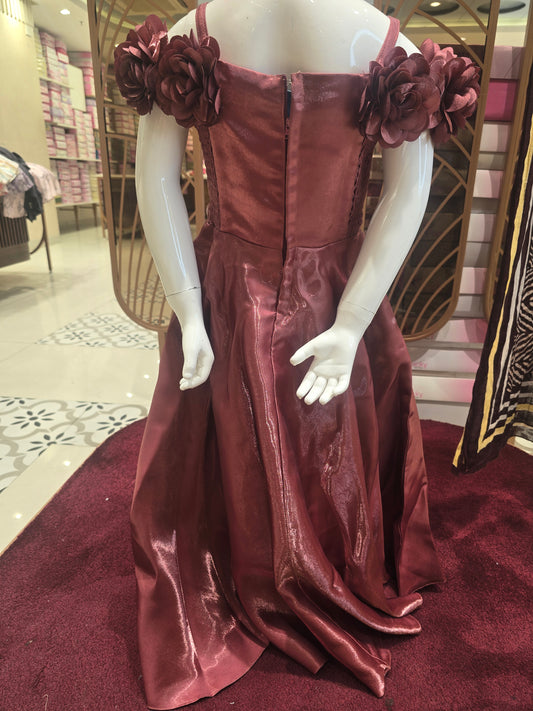 Brick Colored Satin Western Party Wear Gown for Girls with Spaghetti Cold Shoulder Style, Rose Flower Detail and Attachable Waist Belt