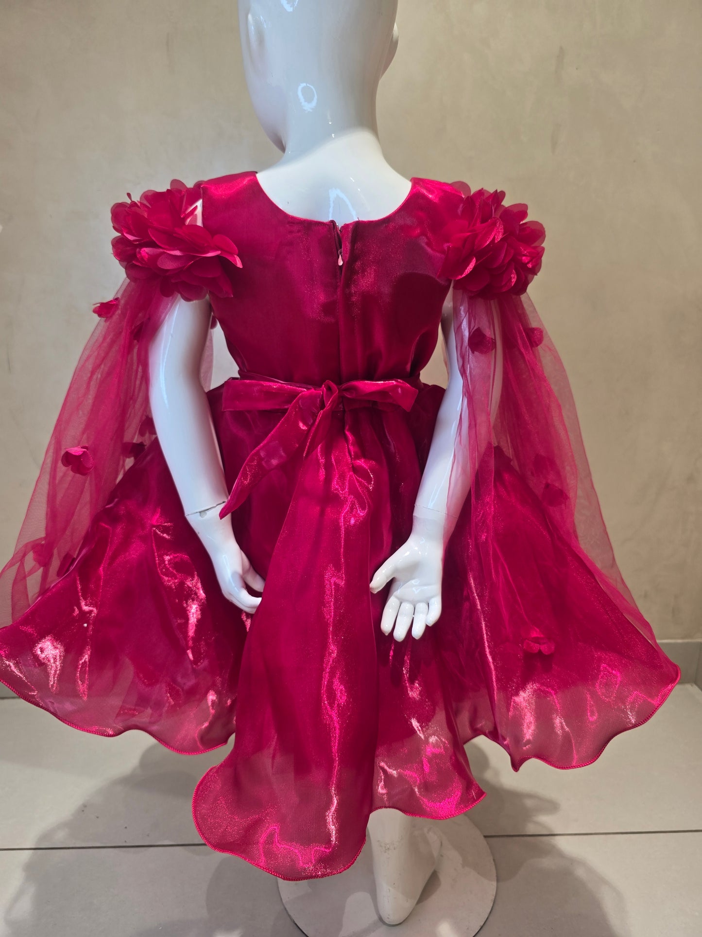 Girls Satin Party Wear Short Frock in Cherry Color with Net Open Sleeves Floral Design and Stone Attached Waist Belt for Special Occasions