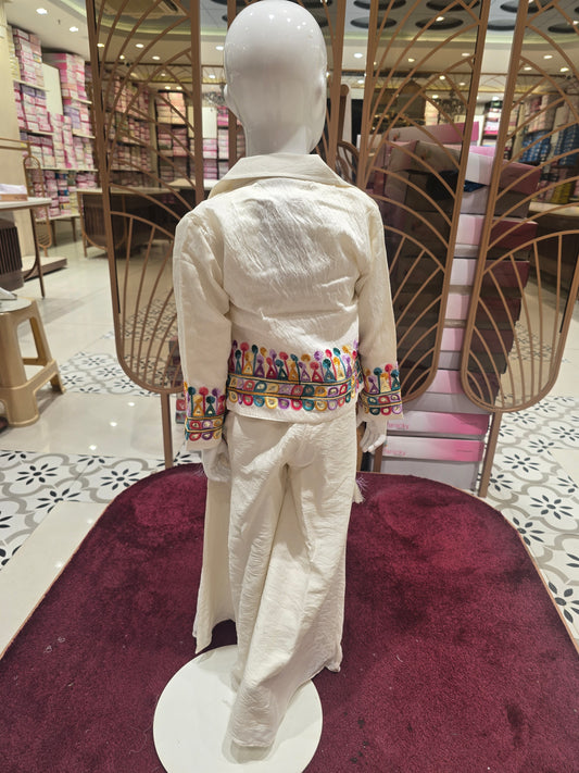 Half White Crush Satin 3-Piece Western Party Wear Set with Net Cutwork Inner