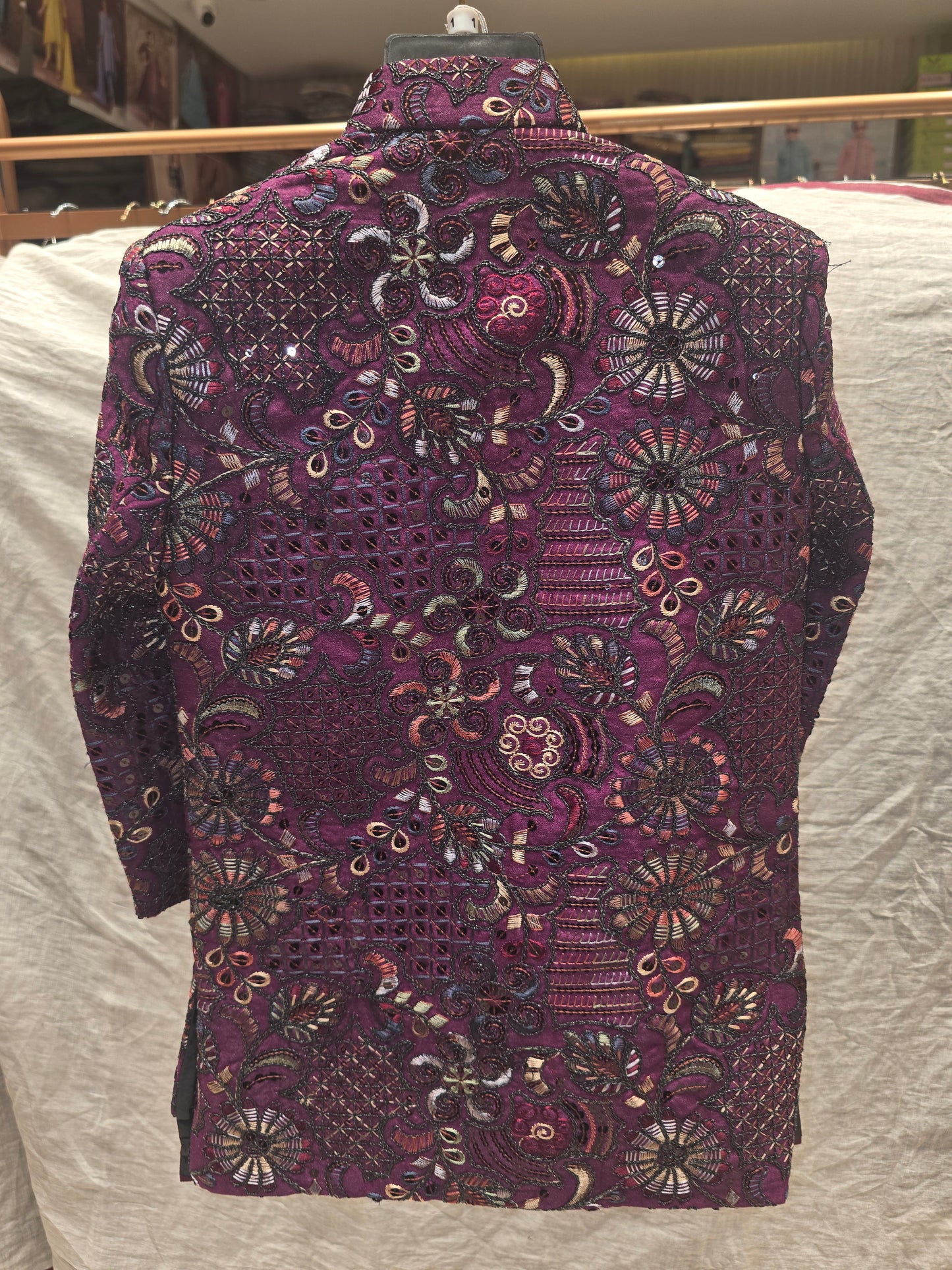 Boys Wine Dupion Silk Indo-Western Set with Multicolour Embroidered Jacket and Dual Colour Mala