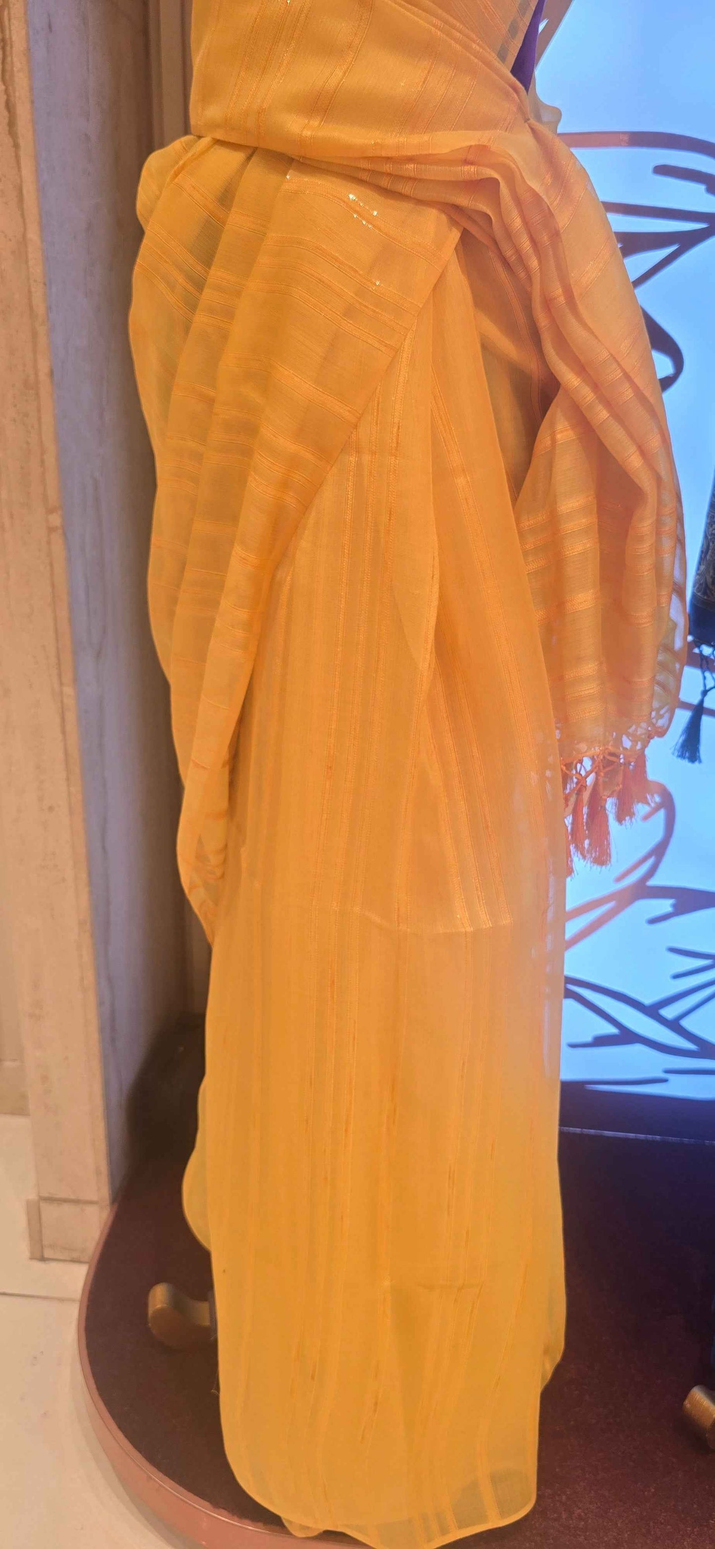 Organza material gold color saree with thread work