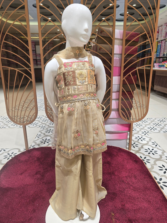 Girls Cream Tissue Sharara Set with Umbrella Slit Design