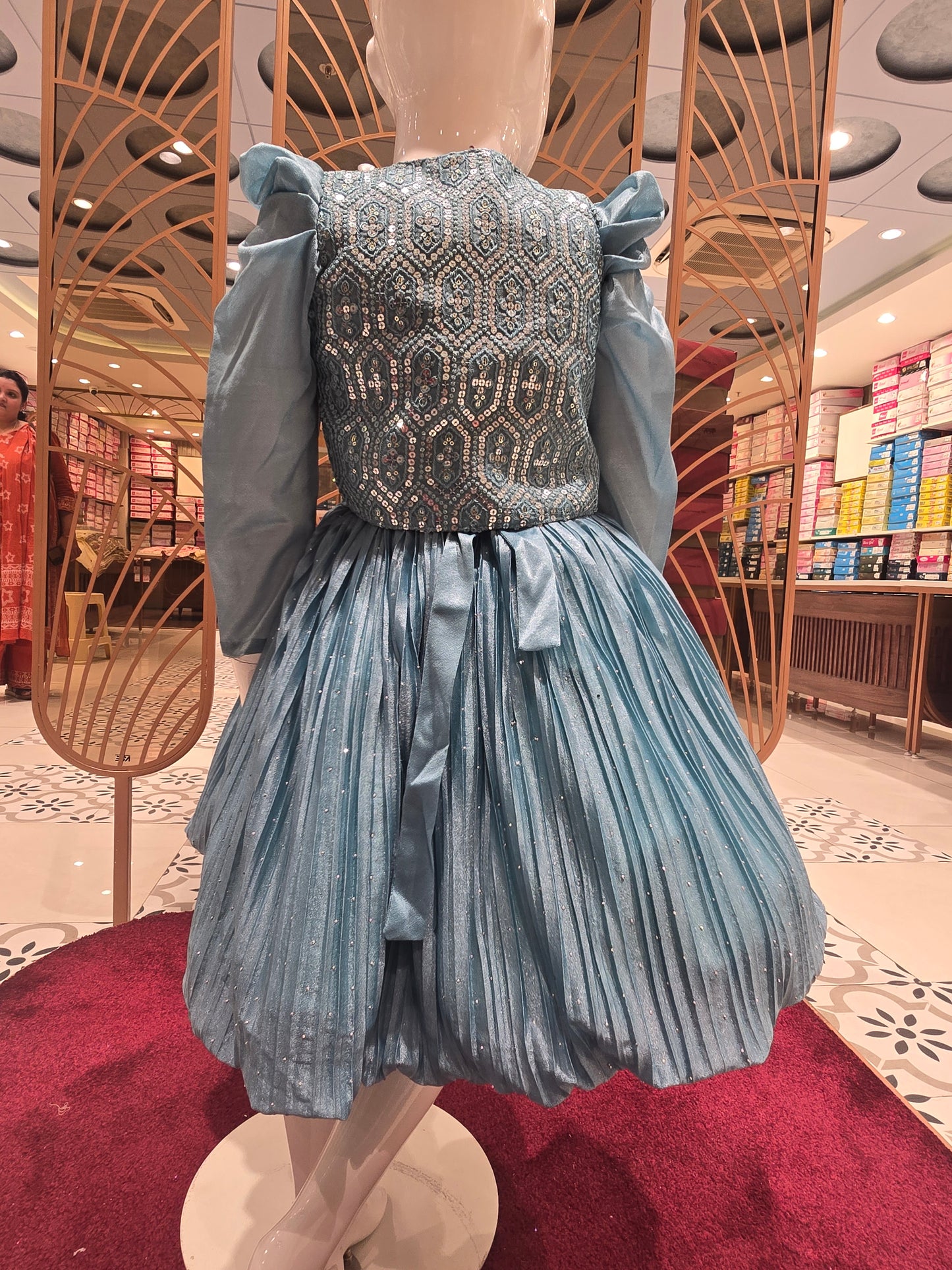 Girl Sky Blue Organza Satin Party Short Frock