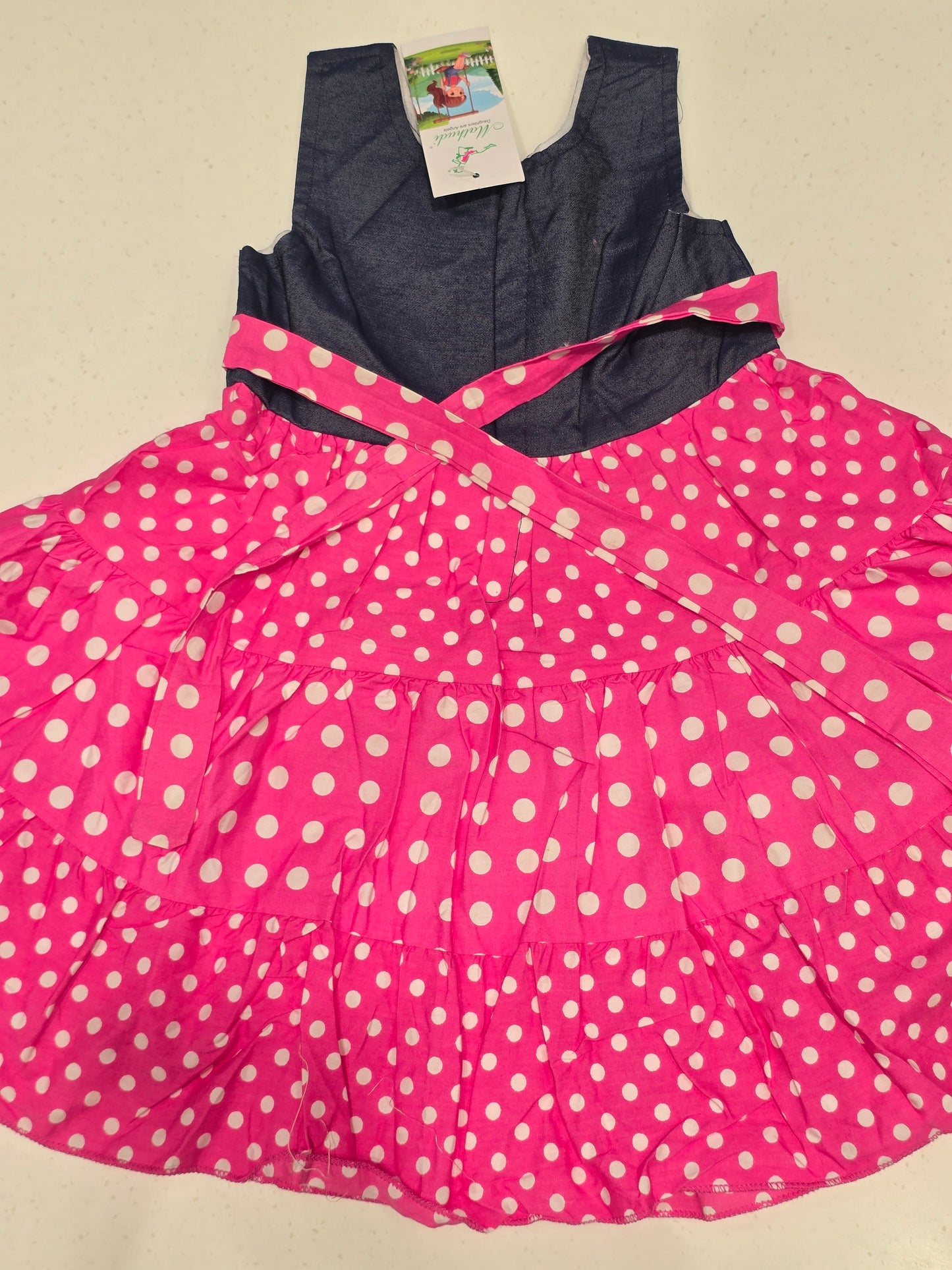 Cotton material pink with blue color babyfrock with small dots