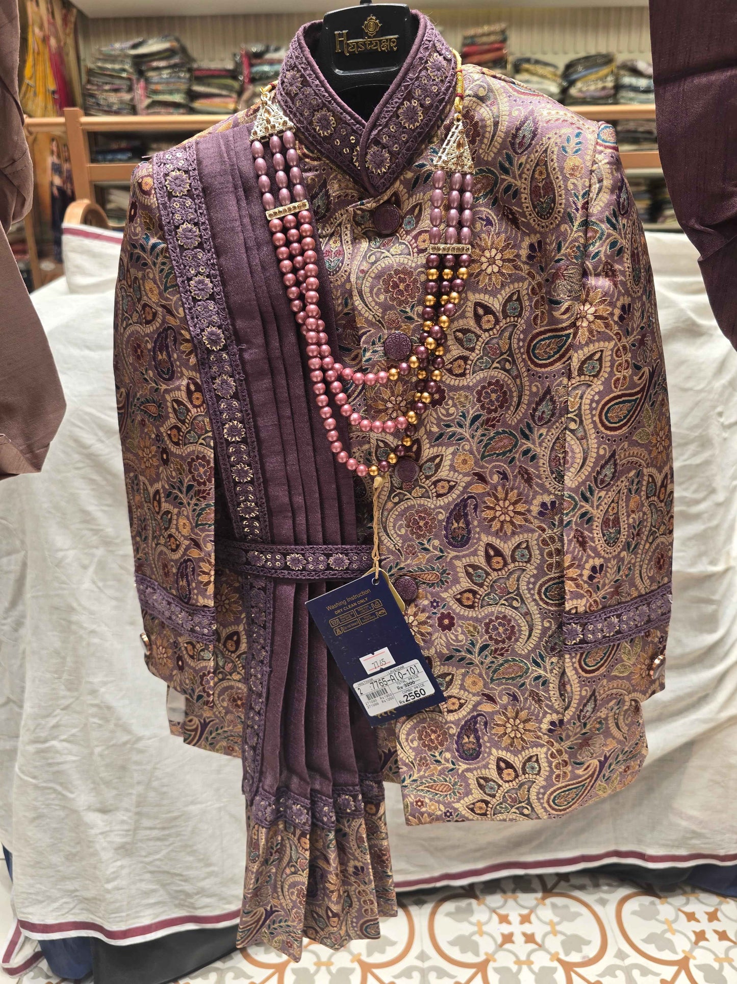Boys multi color Dupion Silk Indo-Western Set with shall Design and Mala