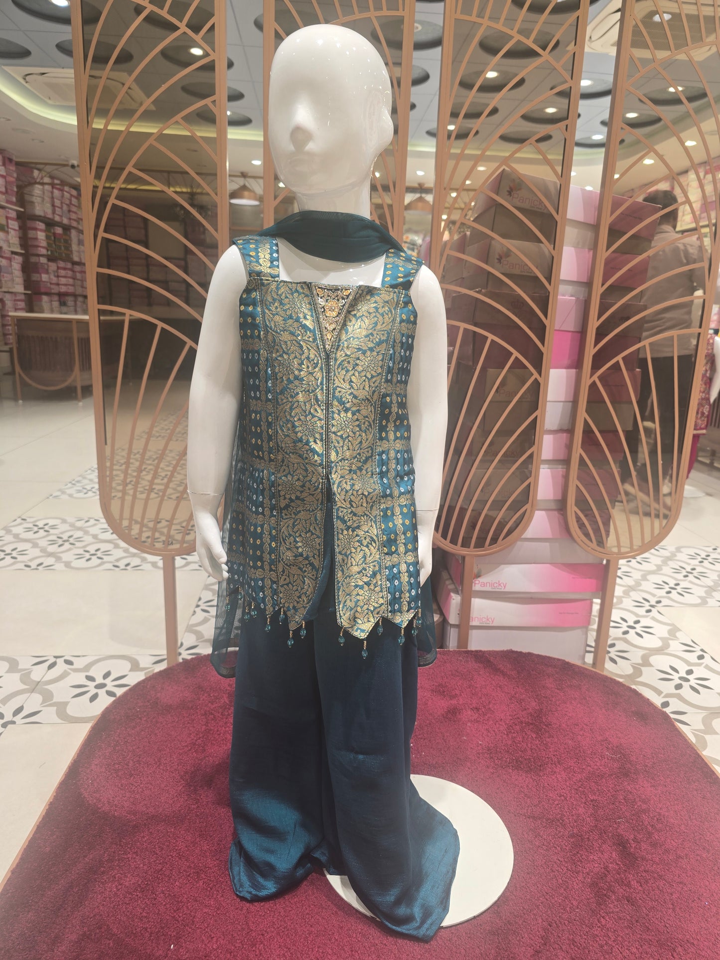 Rose Pink Tissue Silk Indo Western Palazzo Set for Girls with Banarasi Floral Design, Cape Cut Blazer & Embroidered Border – 3 Piece Set