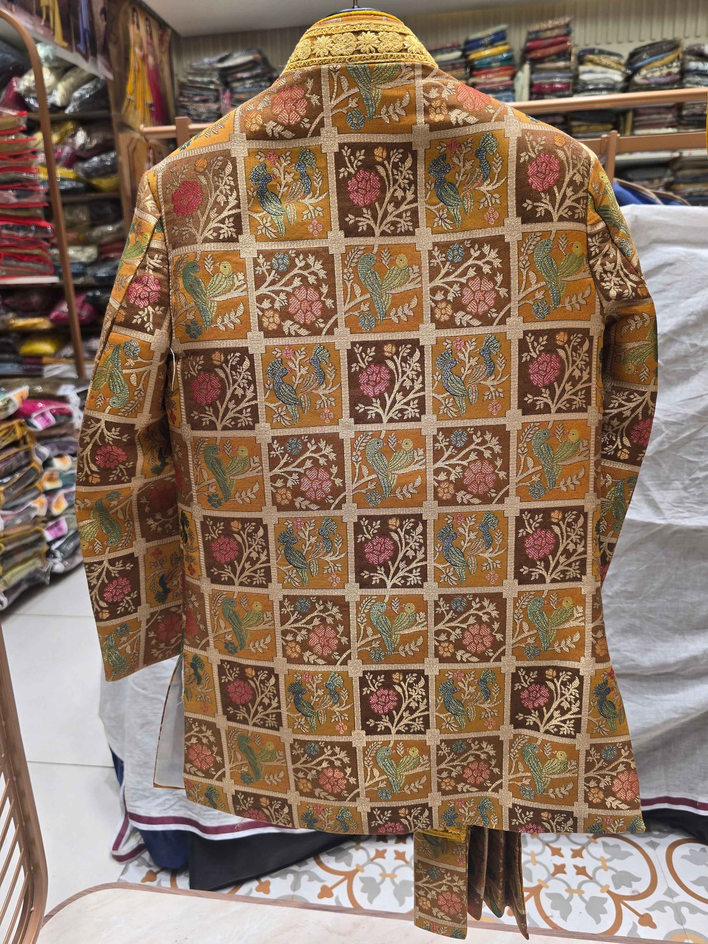 Boys mustred base Dupion Silk Indo-Western Set with checked Design and Mala