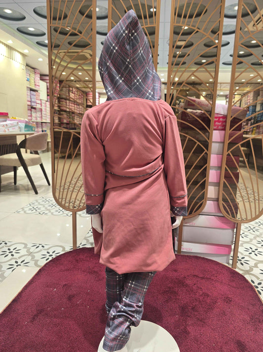 Lycra Material peach with silver colour western wear jersey style with printed inner , checked pattren pant and long jersey