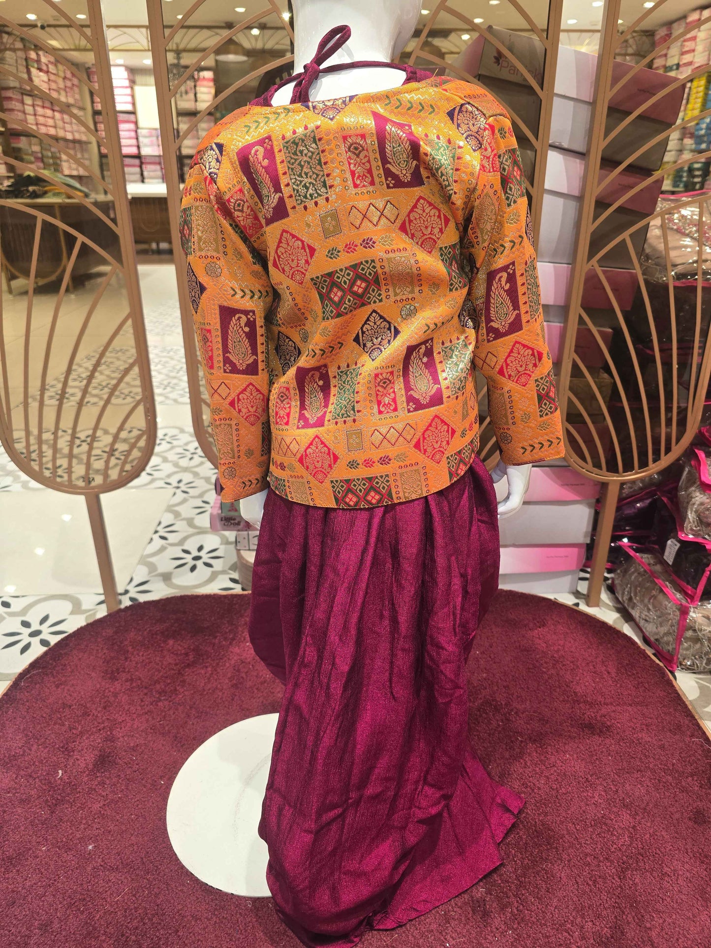 Chinon material maroon with mustred colour doti style ethnic wear with detachable banarasi jacket and handwork on top