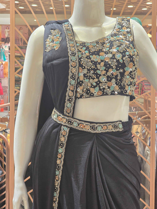 Women Black Lycra Satin Ready to Wear Saree Set
