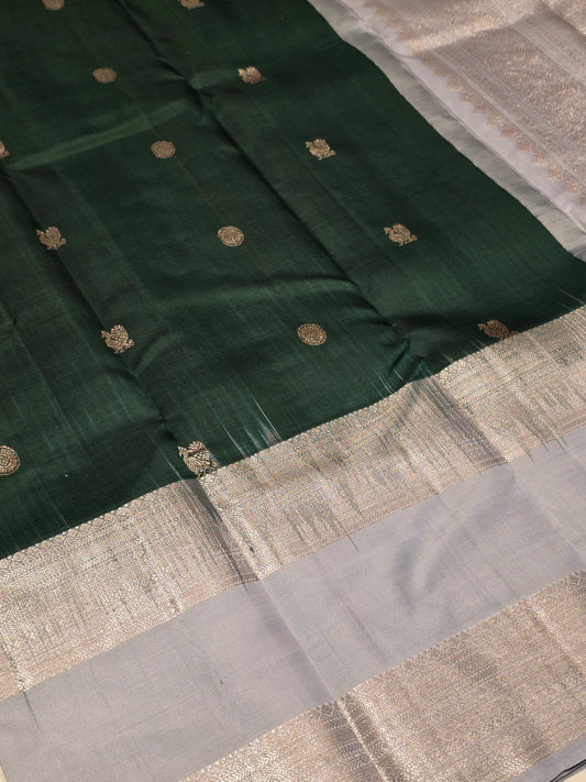 Pure Handloom Kanjivaram Silk Saree with Rudrakshi and Peacock Motifs, Bentex Border with Silver Zari and Rich Pallu for Wedding and Festive Occasions