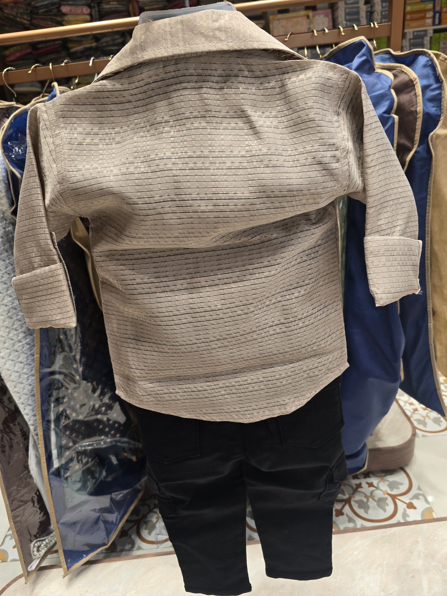 Boys Lycra Cotton 3 Piece Summer Wear Set in Cream with Printed Inner T-Shirt and Black Cargo Pant for Casual and Everyday Use