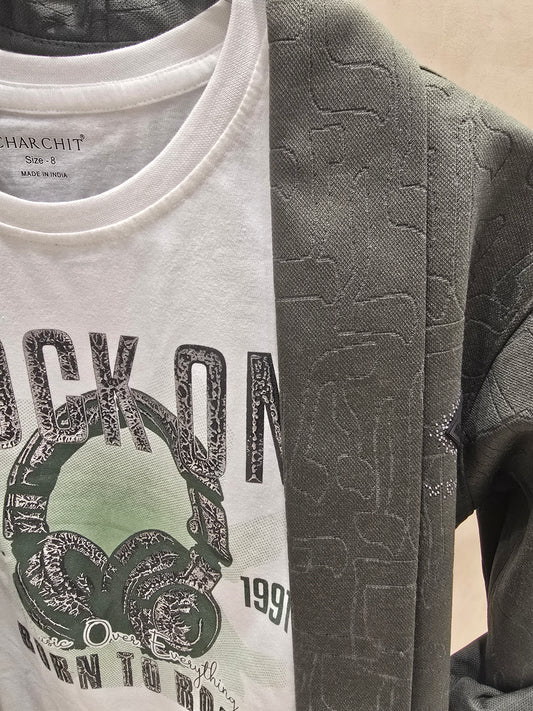 Mehendi Green Jute Shrug with Fancy Full-Sleeve Design & Printed Cotton Inner T-Shirt – Two-Piece Boys Set (Age 7–8)