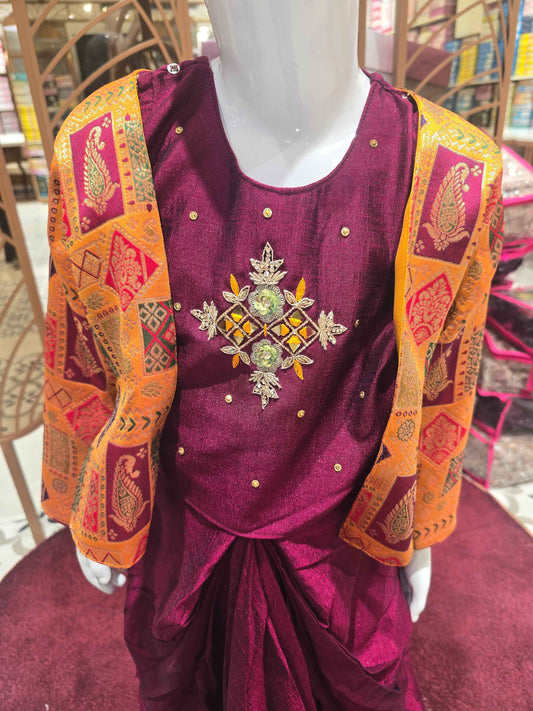 Chinon material maroon with mustred colour doti style ethnic wear with detachable banarasi jacket and handwork on top