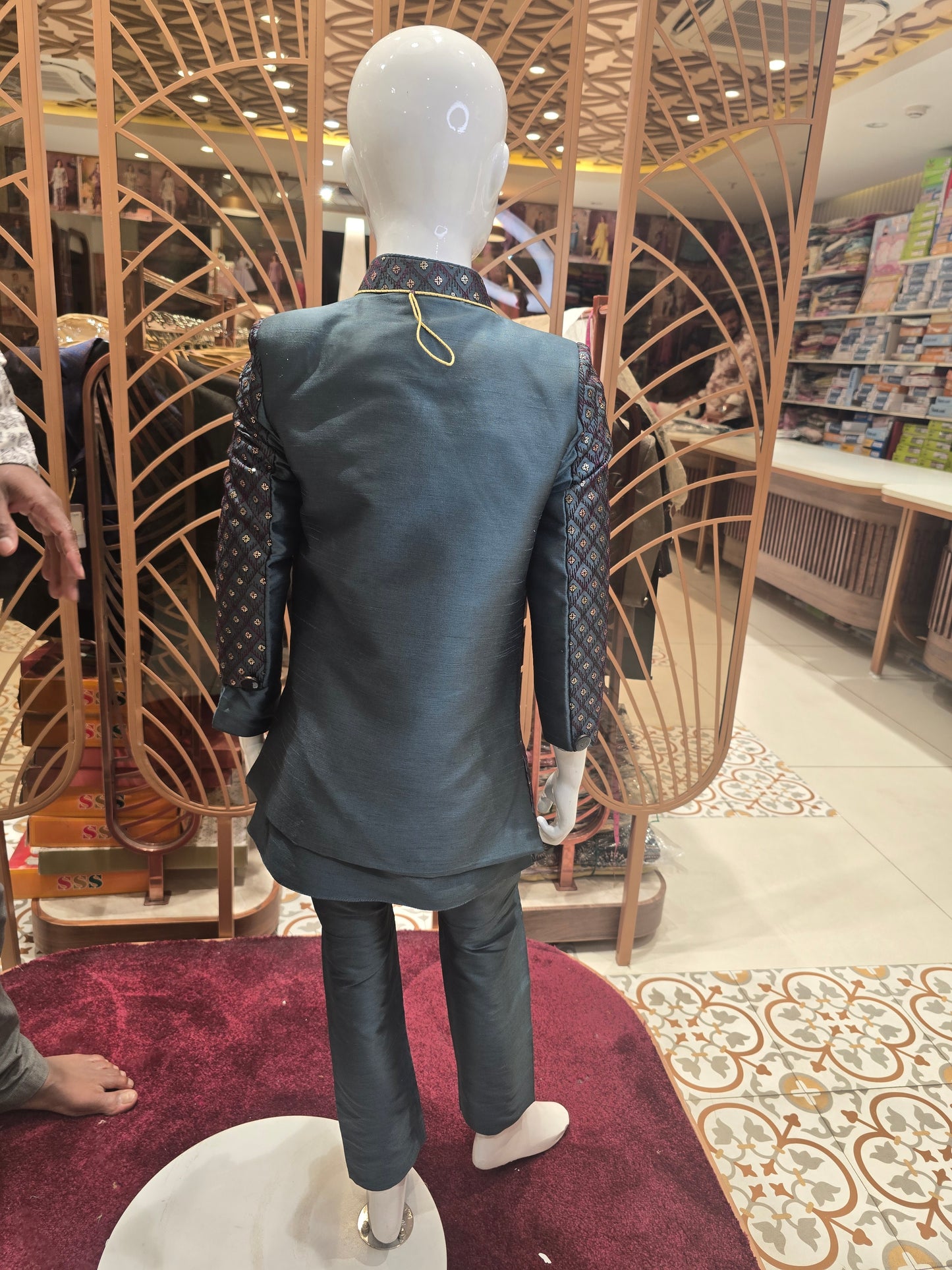 Peacock Green Shining Silk Fabric Junior Ethnic Indo-Western Set with Handwork Brooch & Maala – 2 Piece Outfit