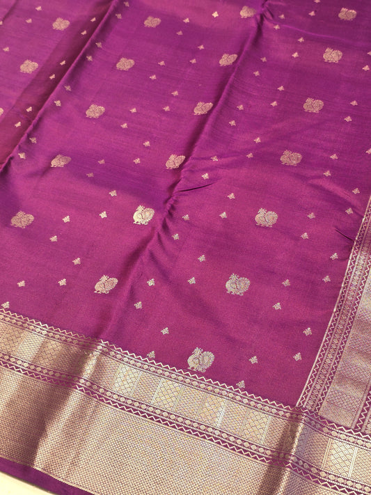 Women Purple Pure Kanjivaram Silk Saree with Silver Rudrakshi Motifs
