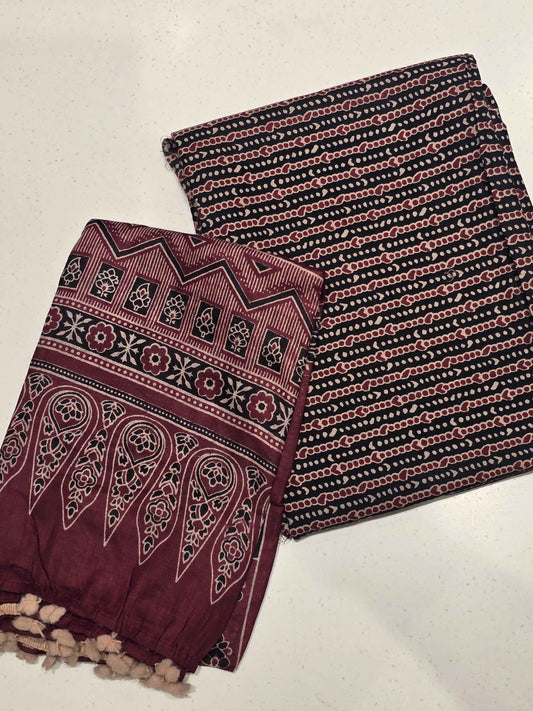 Maroon Ajrakh Print Semi-Cotton Unstitched Dress Material Set