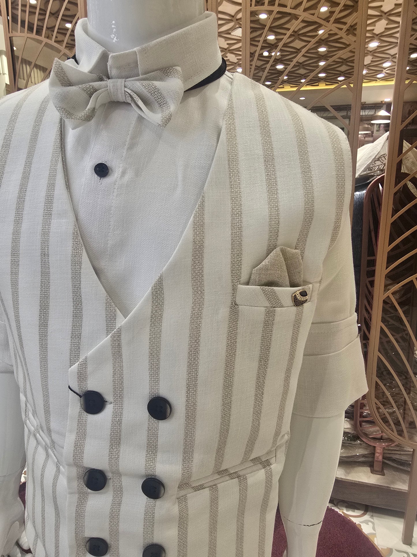 Boys Pure Linen 3 Piece Summer Wear Set with White Shirt, Half White Vertical Line Coat, Elastic Bow and Cream Denim Jeans for Party and Occasion Wear