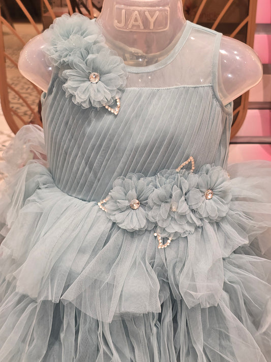 Girl Ocean Blue Knitted Stay Cut Party Gown