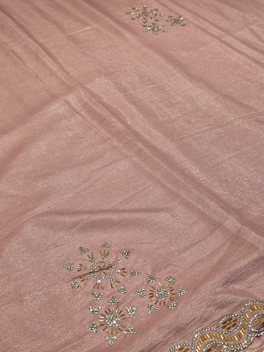Shining Satin Saree with Stone Work & Cutwork Border – Onion Pink | Festive & Daily Wear
