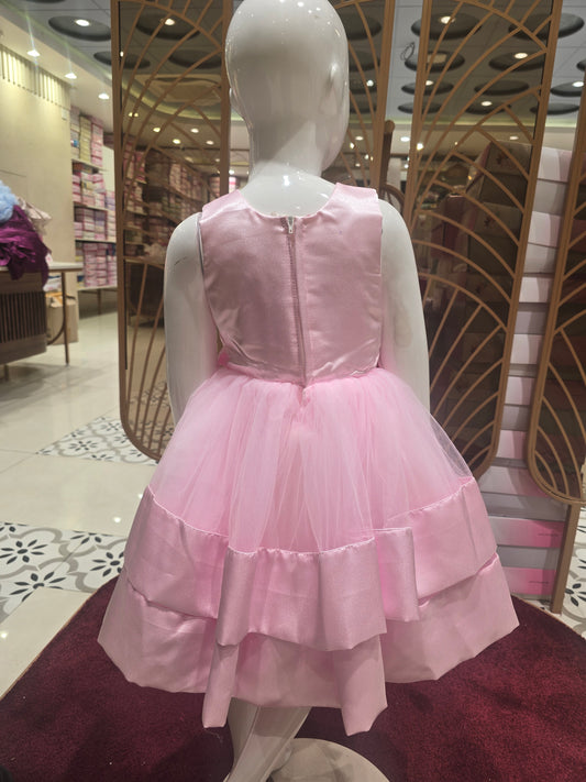 Girls Baby Pink Knitted Short Frock with Stone Waist Detail