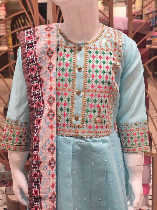 Girl Sky Blue Chanderi Silk Anarkali Kurta Set