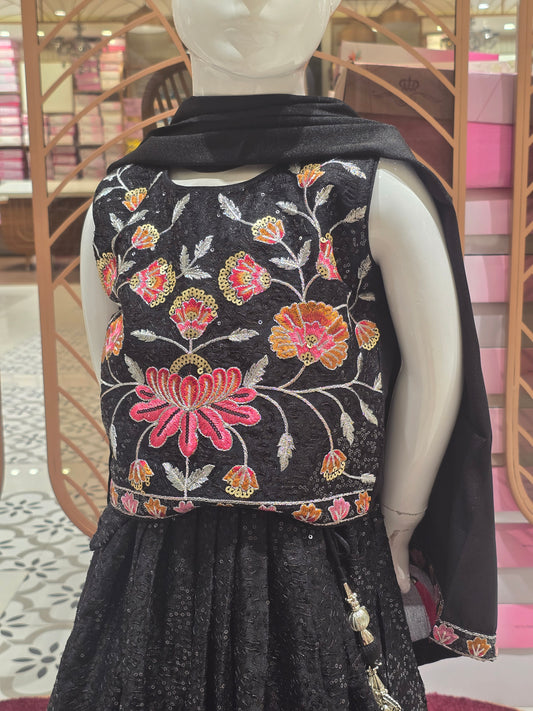 Girls Black Chiffon Georgette Ghagra Choli with Sequin Embroidery