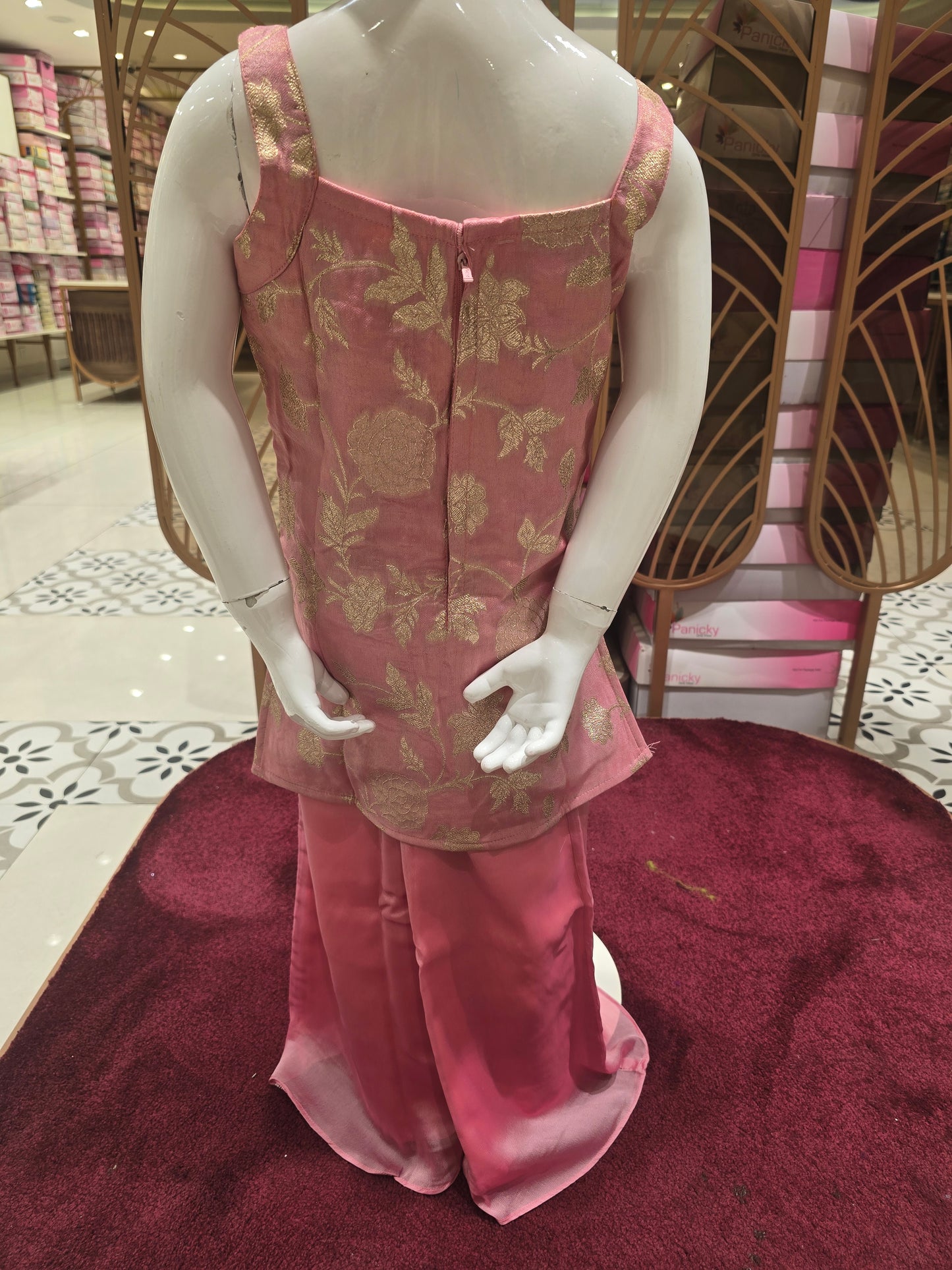 Girls Baby Pink Banarasi Sharara Set with Mirror Handwork