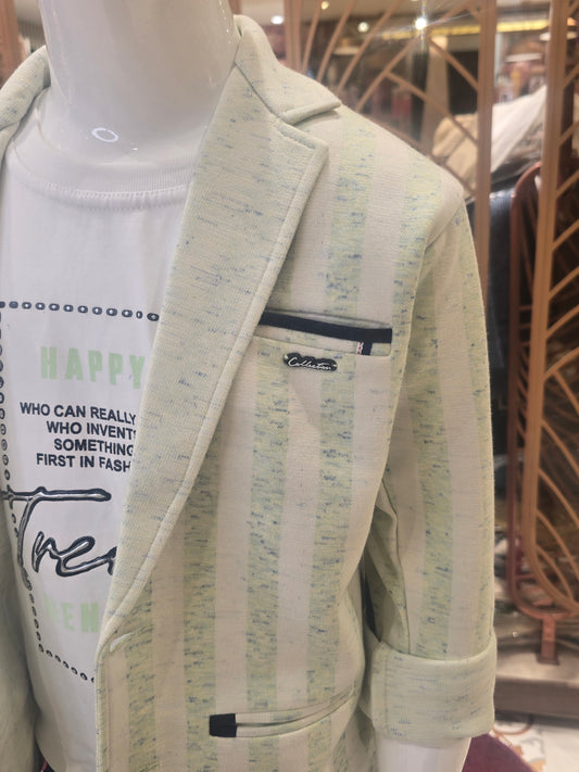 Boys Lycra Cotton 3 Piece Summer Wear Set in Sea Green and White Script Print with Blazer Pocket Design, Printed T-Shirt and Blue Denim Jeans for Casual and Party Wear