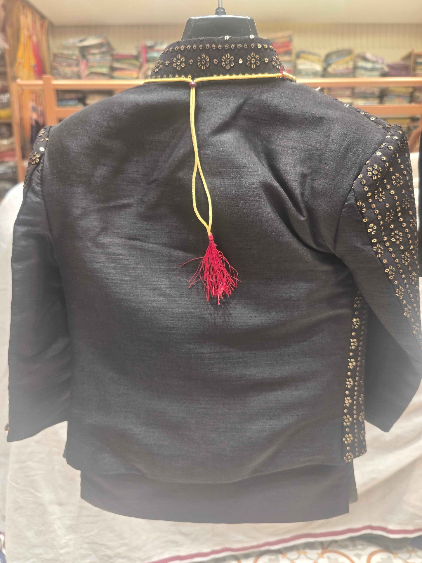 Boys Black Dupion Silk Indo-Western Set with Mala