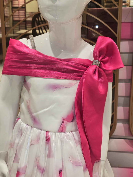 Girl White Pink Printed Organza Party Gown
