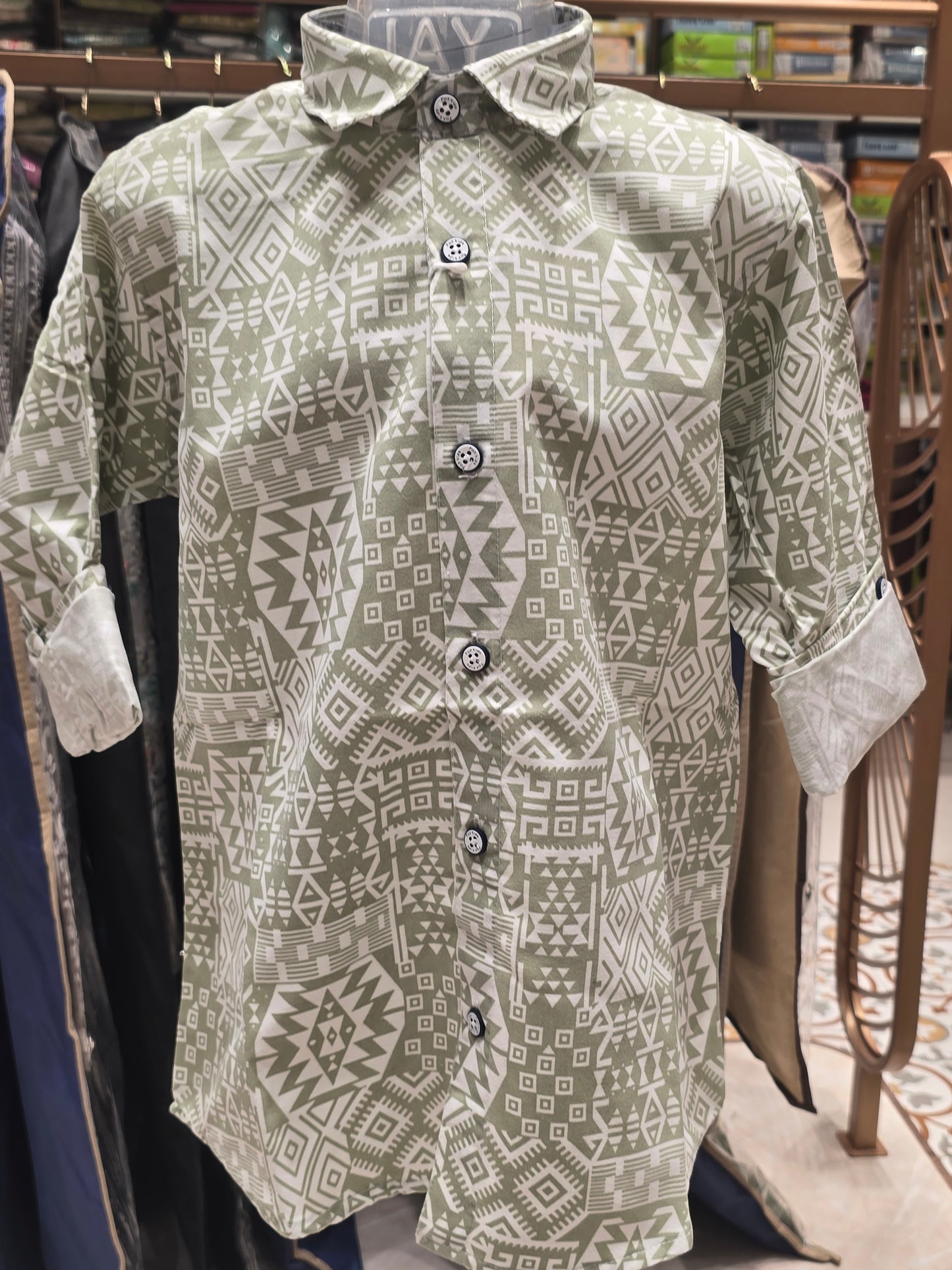 Boy White Pista Green Printed Cotton Shirt
