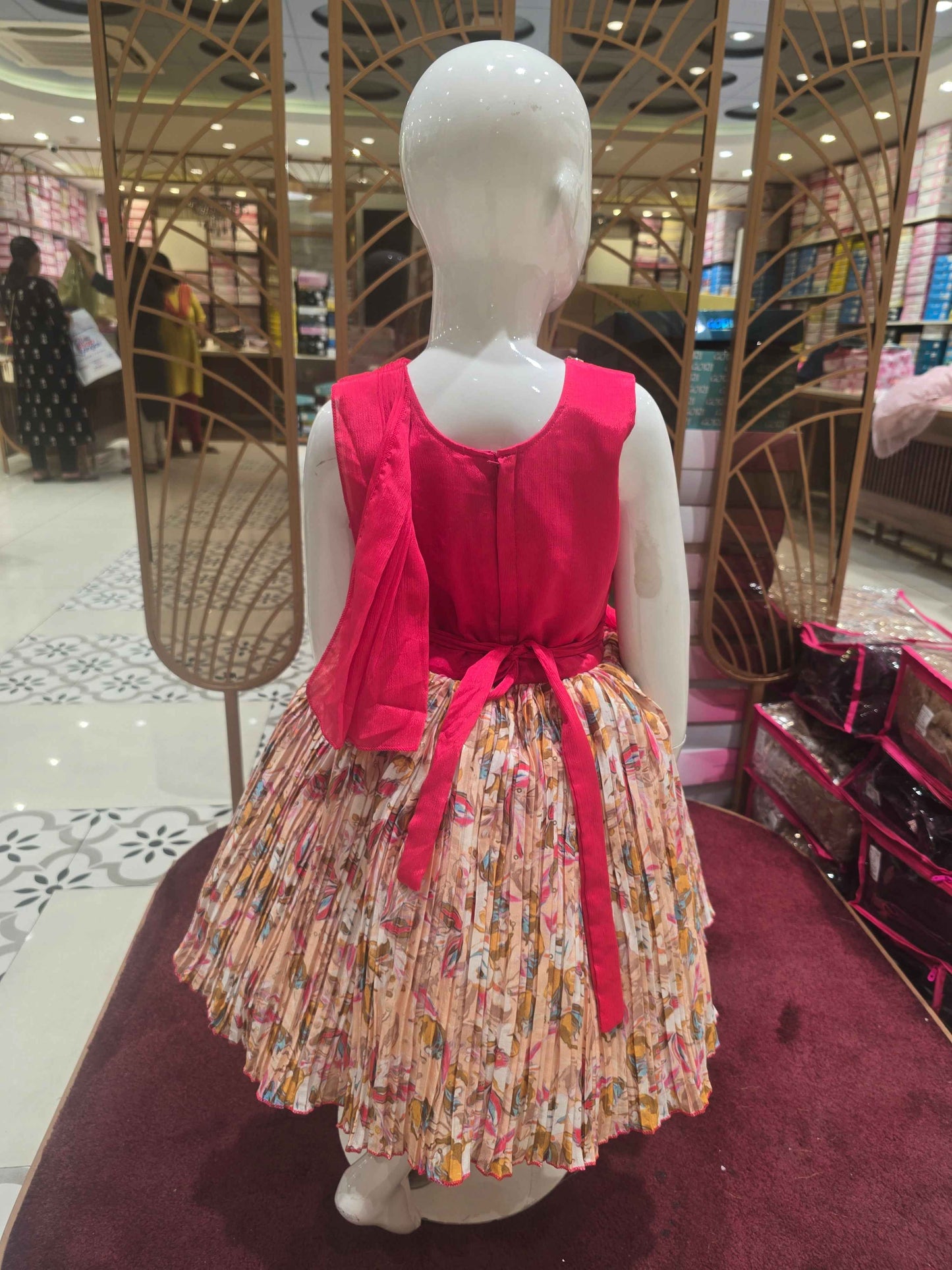 Georgette Material orangish pink with digital printed baby frock , saree model( pallu design) and round neck