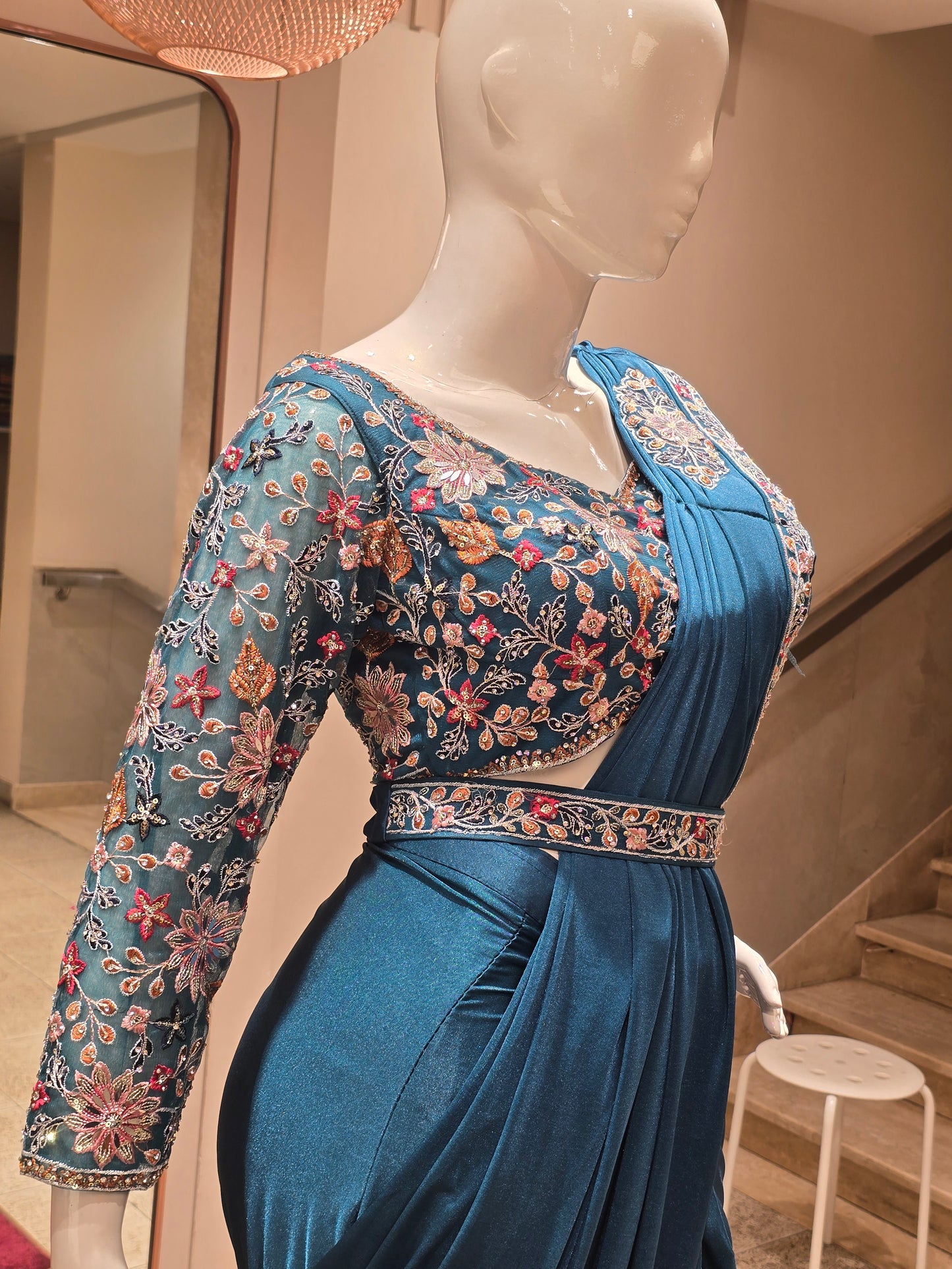 Teal Blue Indo-Western Pre-Draped Saree Set