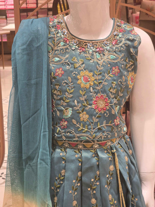 Crepe material blue colour gaghra choli with embroidery work