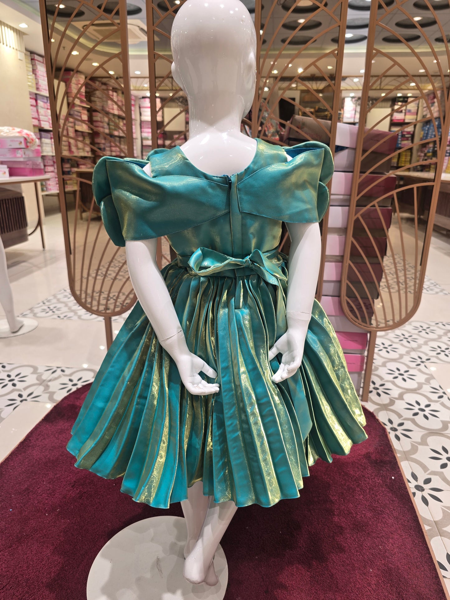 Girls Dual-Shade Satin Crush Party Wear Frock – Green & Teal Premium Western Dress