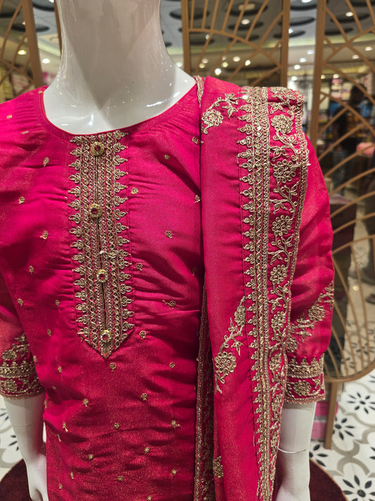 Girls Tissue Silk Ethnic Chudidar Set in Orangish Pink with All-Over Zari Embroidery and Straight Cut Bottom for Festive and Traditional Occasions