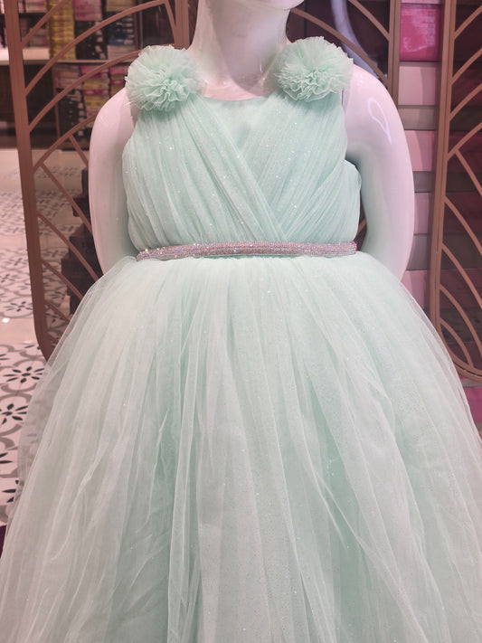 Sea Green Knitted Party Wear Gown for Girls with Floral Shoulder Design and Half Sleeves