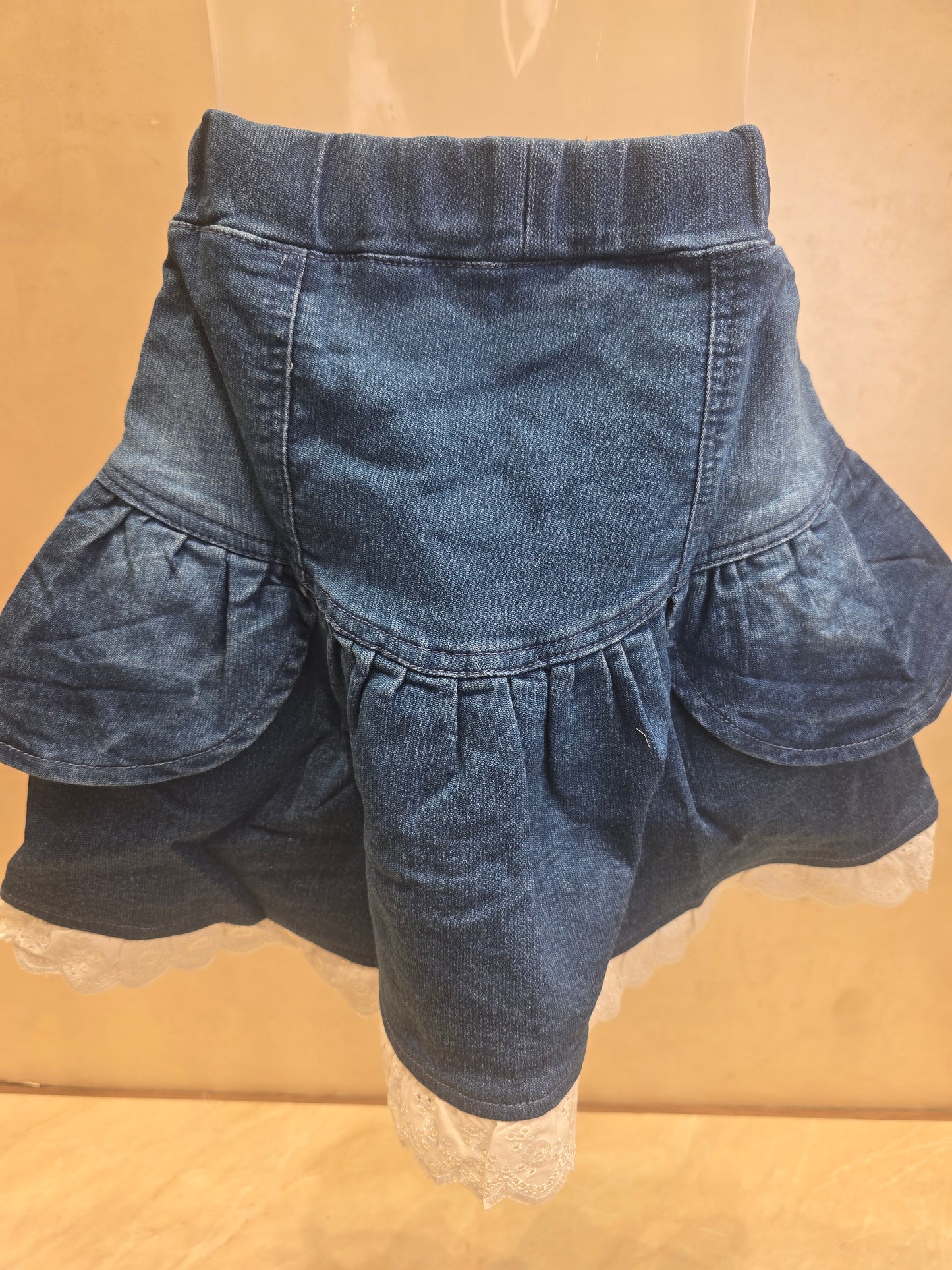 Blue Denim Skirt for Girls with Side Bow Details, White Knitted Lace Design and Elastic Waistband for Casual Wear