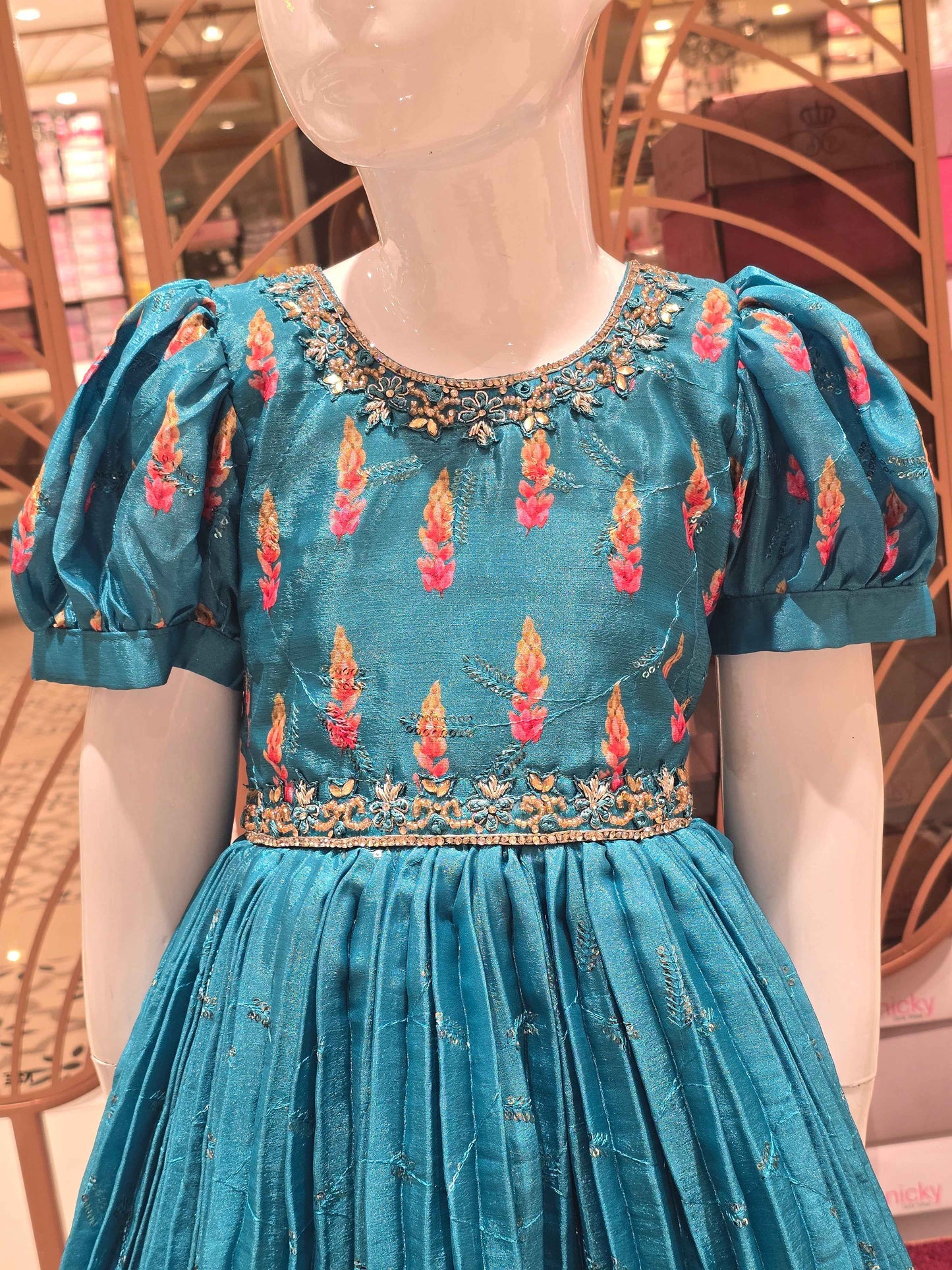 Girl Dark Aqua Blue Sequined Crepe Traditional Gown