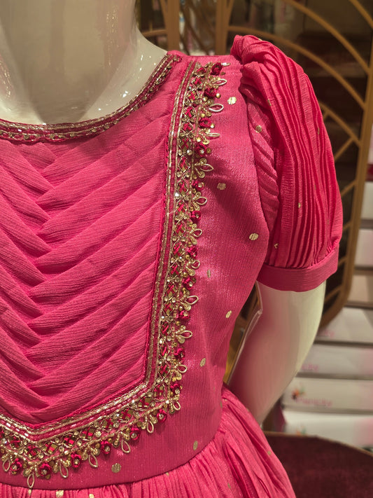 Dual Shade Pink Crepe Gown with Buf Sleeves, Hand-Work Floral Round Neck & Border Design – Traditional Wear for Girls (Age 5, Size 24)